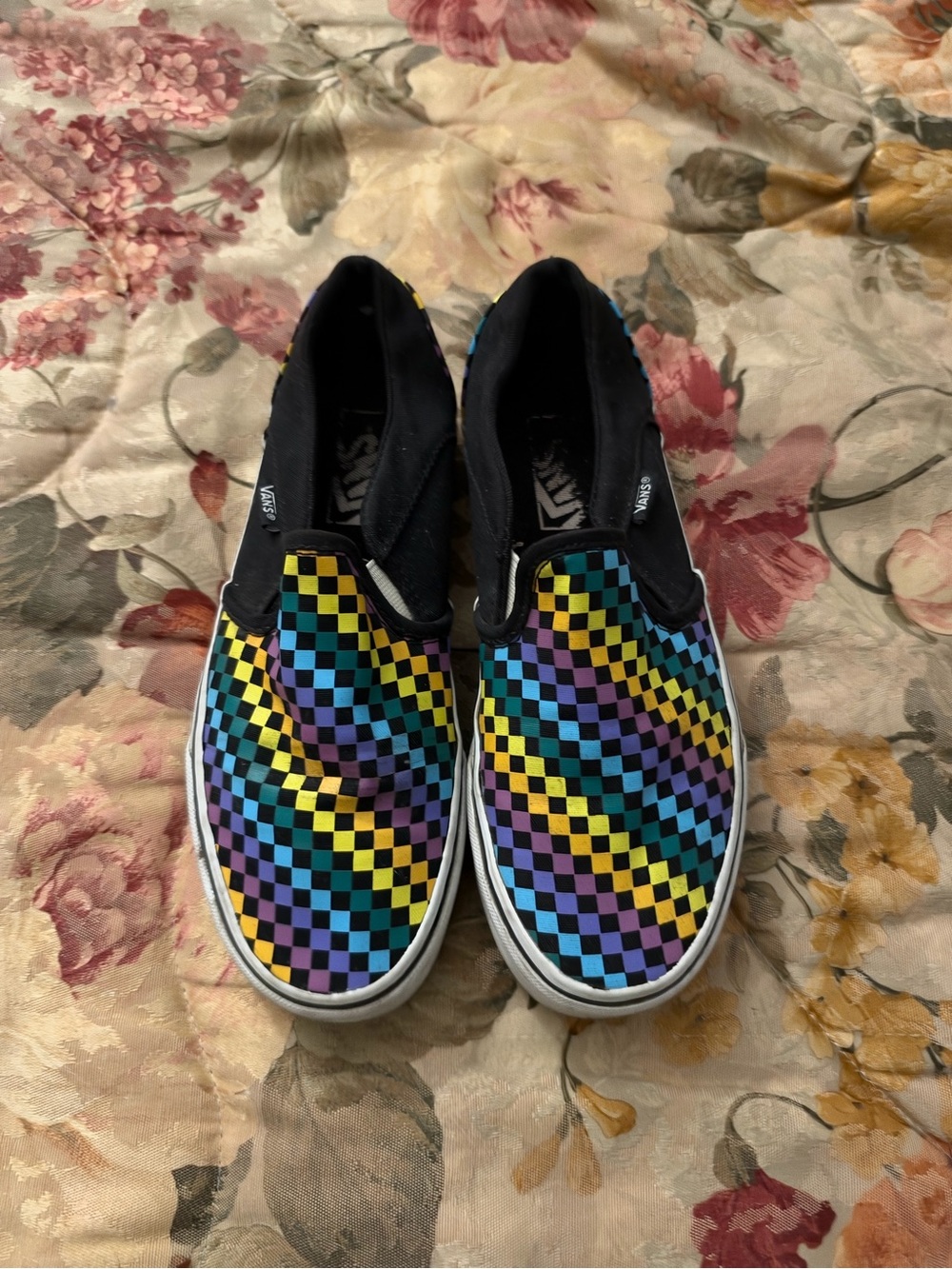 Vans Slip-On Sneakers in Black with Yellow Blue Purple Checkerboard